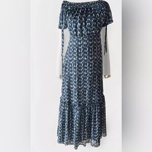 Anthropologie Lenon Blue Chiffon Maxi Dress, Size XS 52” Length
